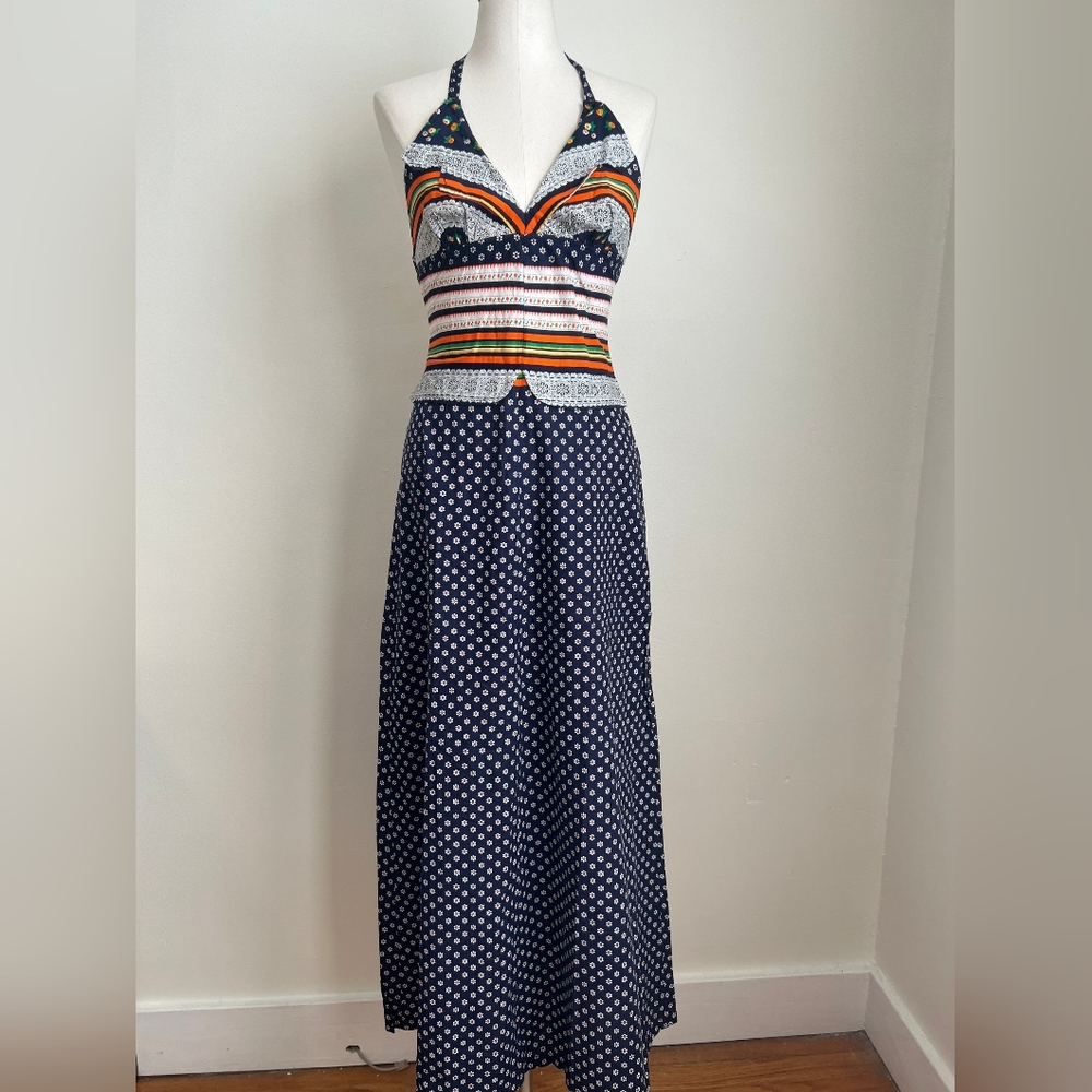 XS/S Vintage 60s 70s Flower Power Hippie Halter Blue Orange White Maxi Dress